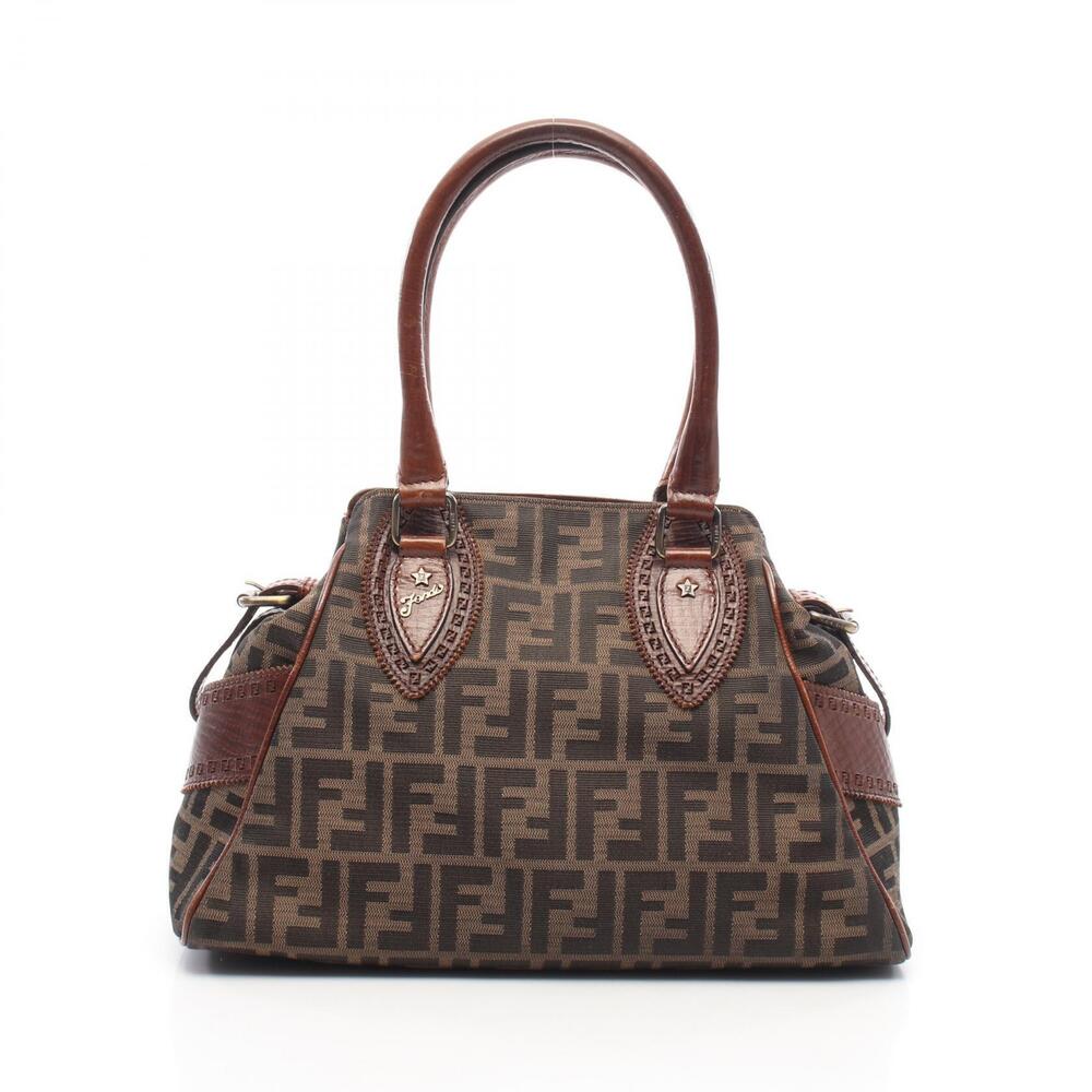 Fendi Etnico Zucca Handbag Canvas Leather Brown Black